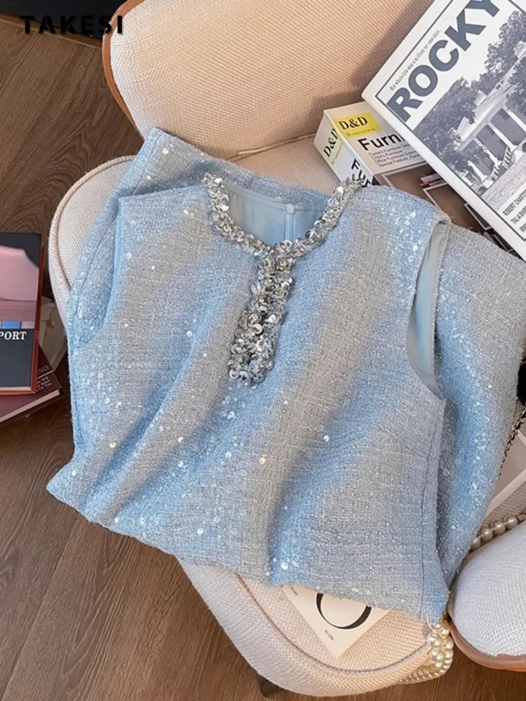 Fairy Style Women Elegant Sleeveless V-neck Sequins Blue Dresses 2024 Summer Lady Luxury Sweet Slim Fit Blue Camisole Dress