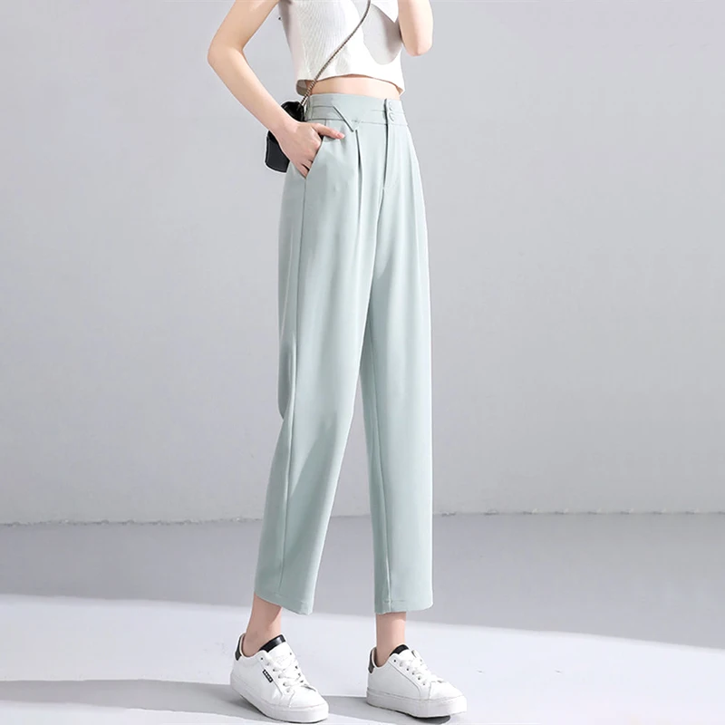 

Korean Office Lady Fashion Pants Loose Solid Color Button Zipper Temperament Simplicity High Waist Pockets 2023 Women's Clothing