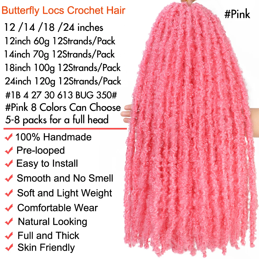 1- 8 Packs Butterfly Faux Locks Crochet Hair Boho Soft Locs Braiding Hair Distressed Pre Looped Synthetic Butterfly Locs Twists