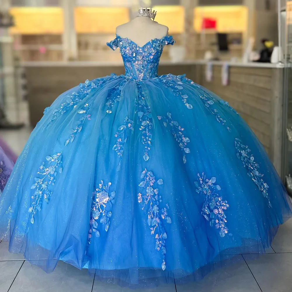 

Очаровательное Мексиканское синее платье Quinceanera для девочек 15 лет с v-образным вырезом и цветочной шнуровкой Sweet 16, вечернее платье для выпускного вечера Vestidos De XV Años