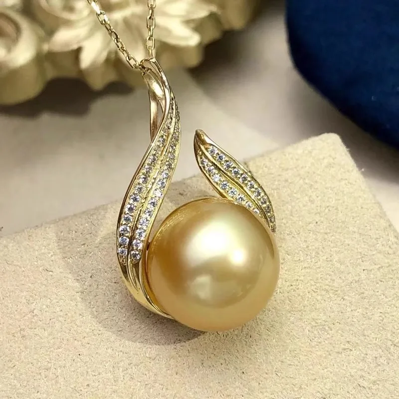 

AAAA+ 12-13mm Natural Real Round South Sea Golden Pearl Women's Pendants Necklace 18 Inch 925 Silver