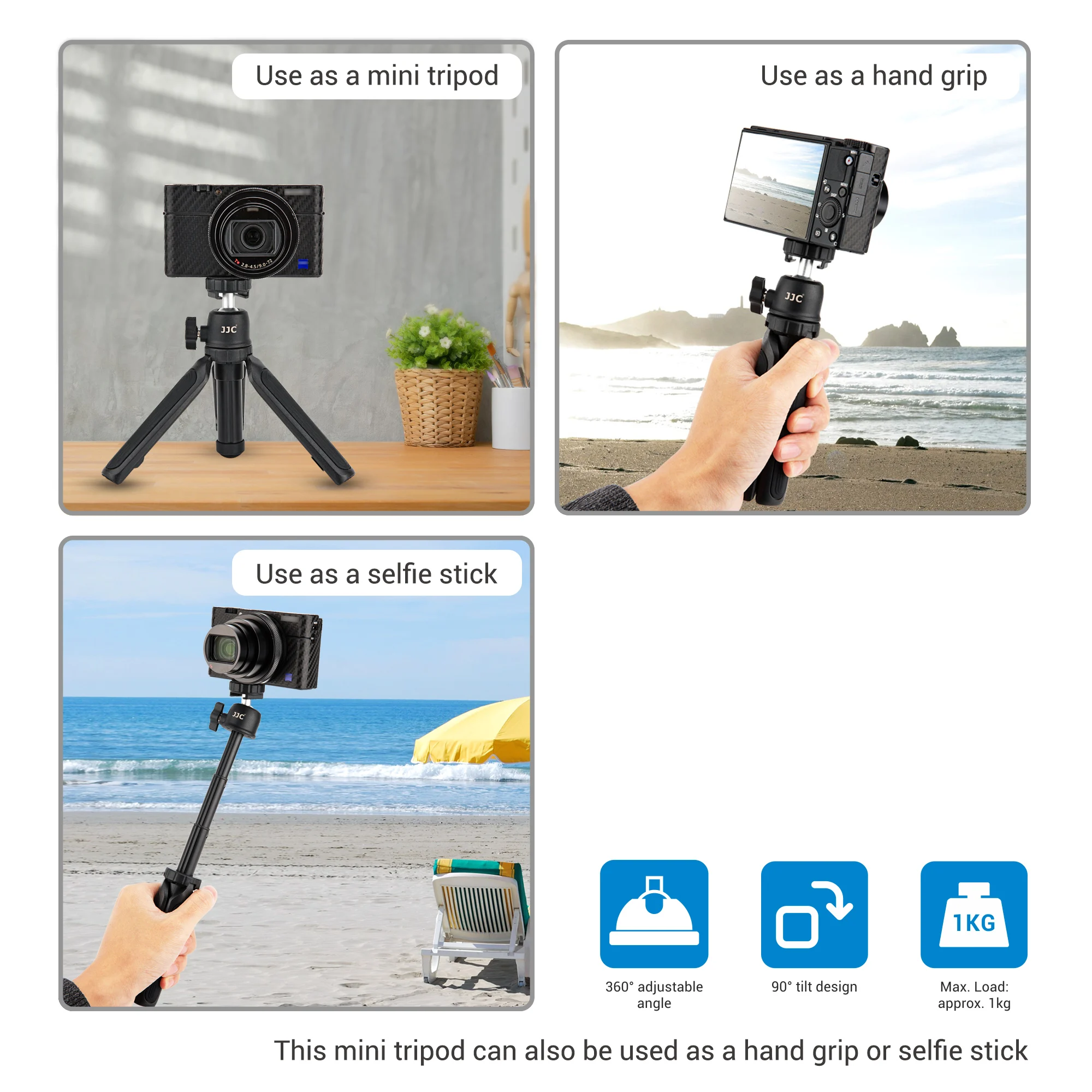 JJC Extendable Camera Mini Tripod 360°Pan 90°Tilt Tripod for DJI Osmo 360 Canon G7X Mark III G7X Mark II Sony ZV-1 Leica D-LUX 8