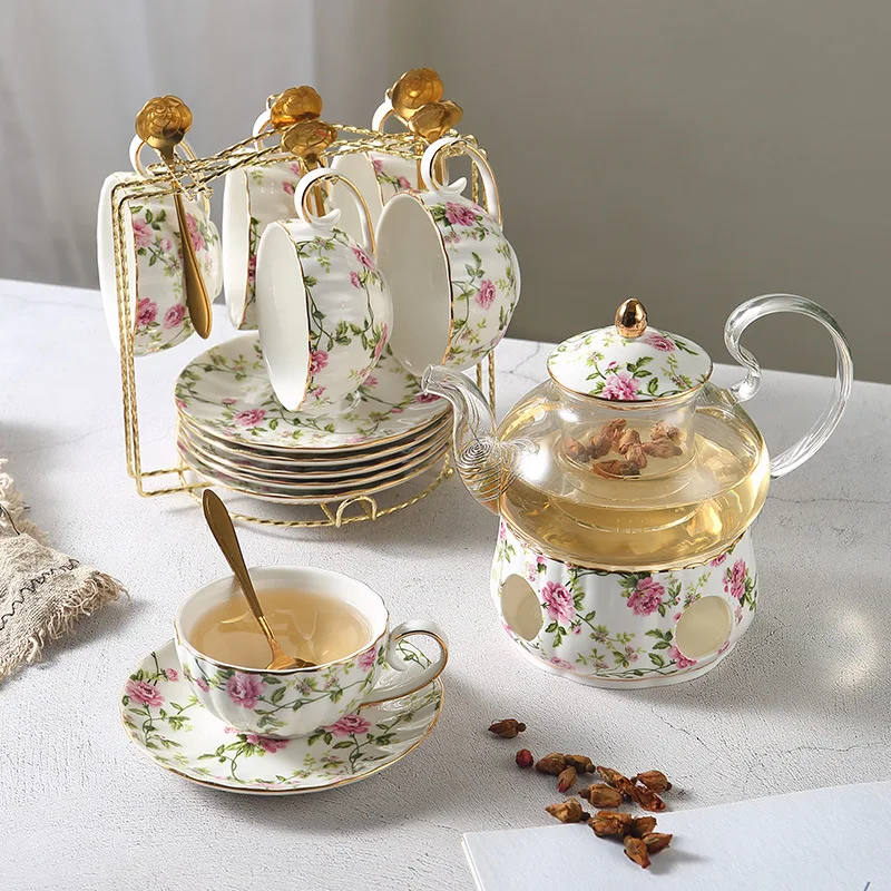

Hxl ceramic glass flower tea set suit heated teapot with filter