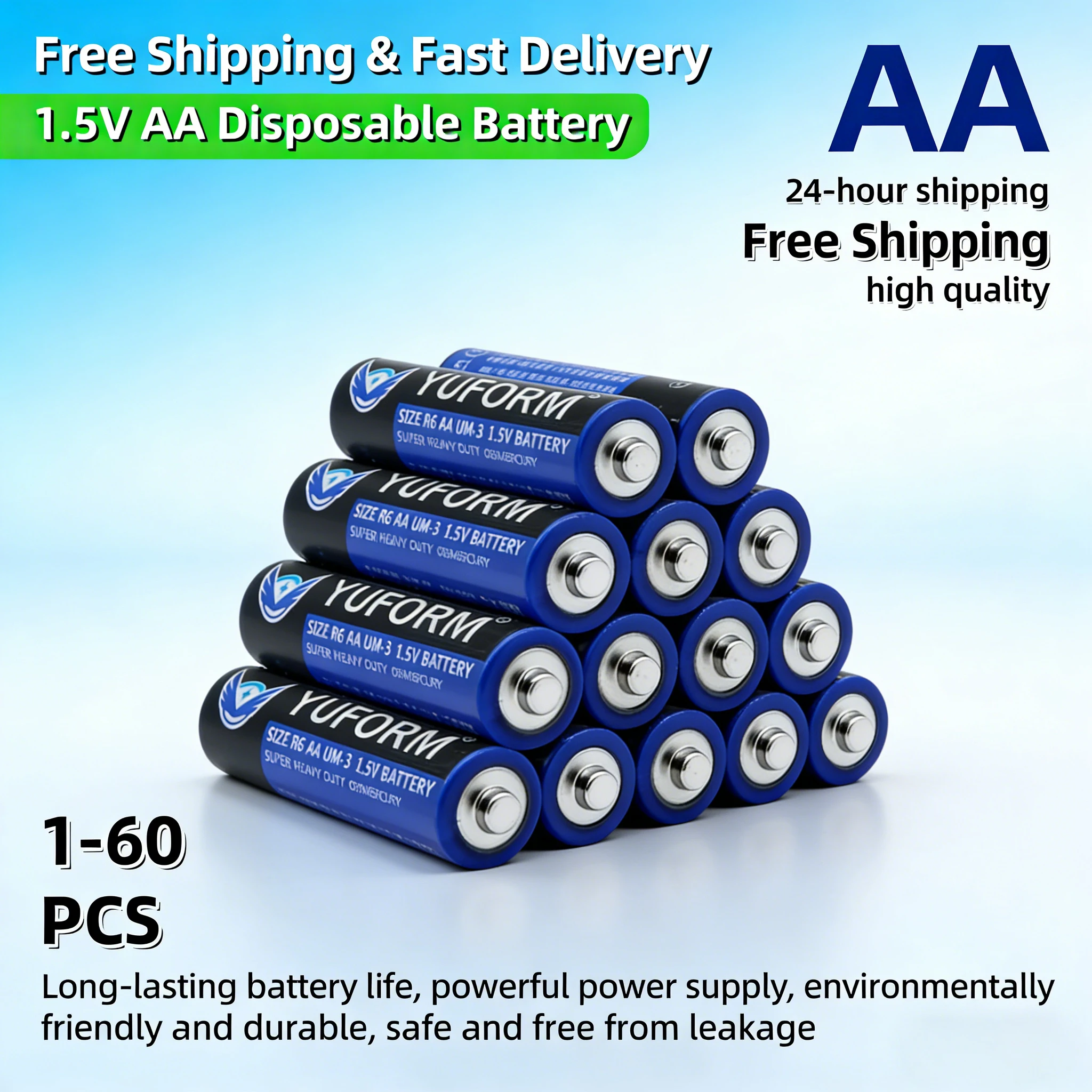 1.5V AA Disposable Battery Leak-Proof Long Lasting Power for LED Light, Camera Flash, Razor, Alarm Clock, Dry Battery