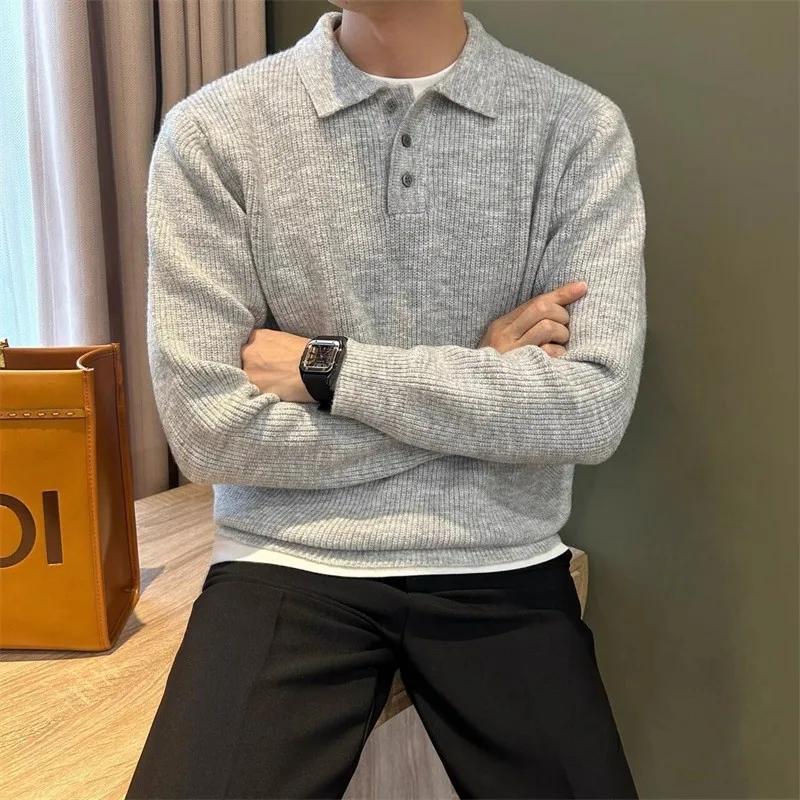 Knit Pullover Men Casual Sweater Autumn Winter Korean Fashion Minimalist Sweater Old Money Soft Heavyweight Knit Polo Sweaters