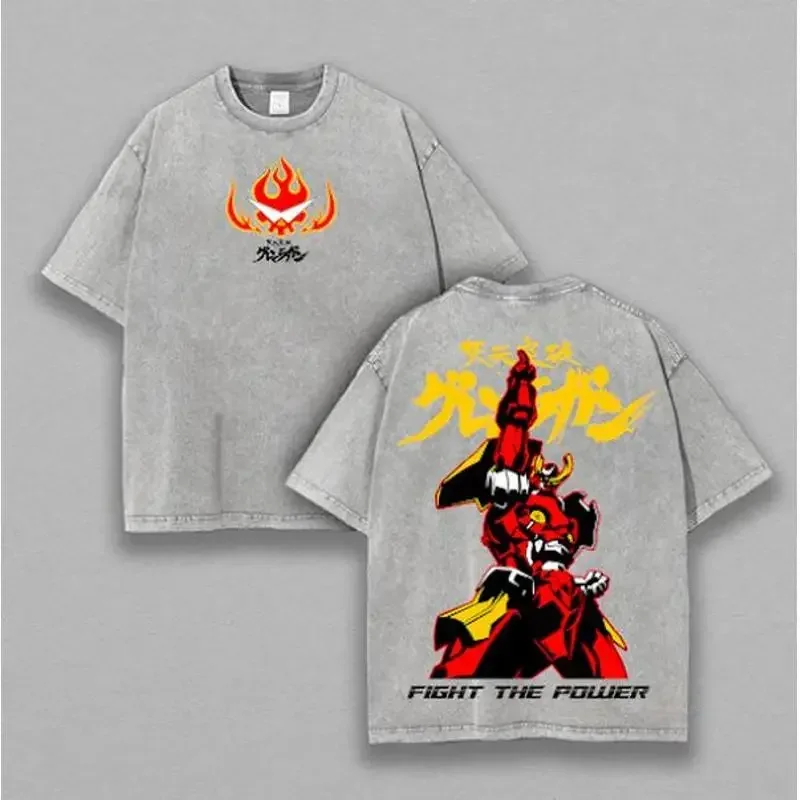 Gurren Lagann Oversized Tee – Washed Heavyweight Cotton, Double Printed Kamina & Simon Mecha Graphic with Spiral Energy Aestheti