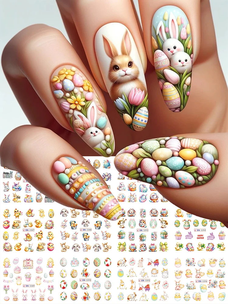 1 Großes Blatt Hasen-Nagelsticker Wasserabziehbilder Blumen Cartoon Kaninchen Huhn Ostereier Nagelkunst-Abziehbilder Transfer-Sticker Dekorationen
