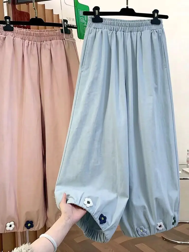 

Summer New Sweet Flower Bud Pants High Waist Slimming Drapey Wide Leg Casual Nine Point Harlan Women's Polyester Fiber High W...