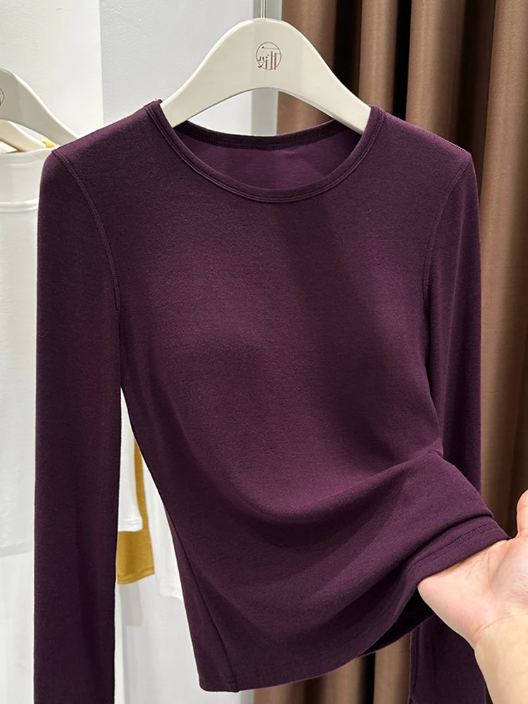 

Женская футболка Long Sve Base из модала фиолетового цвета с внутренней подушечкой для бюстгальтера, осенне-зимняя футболка Faion Godd Sle, корейская ...