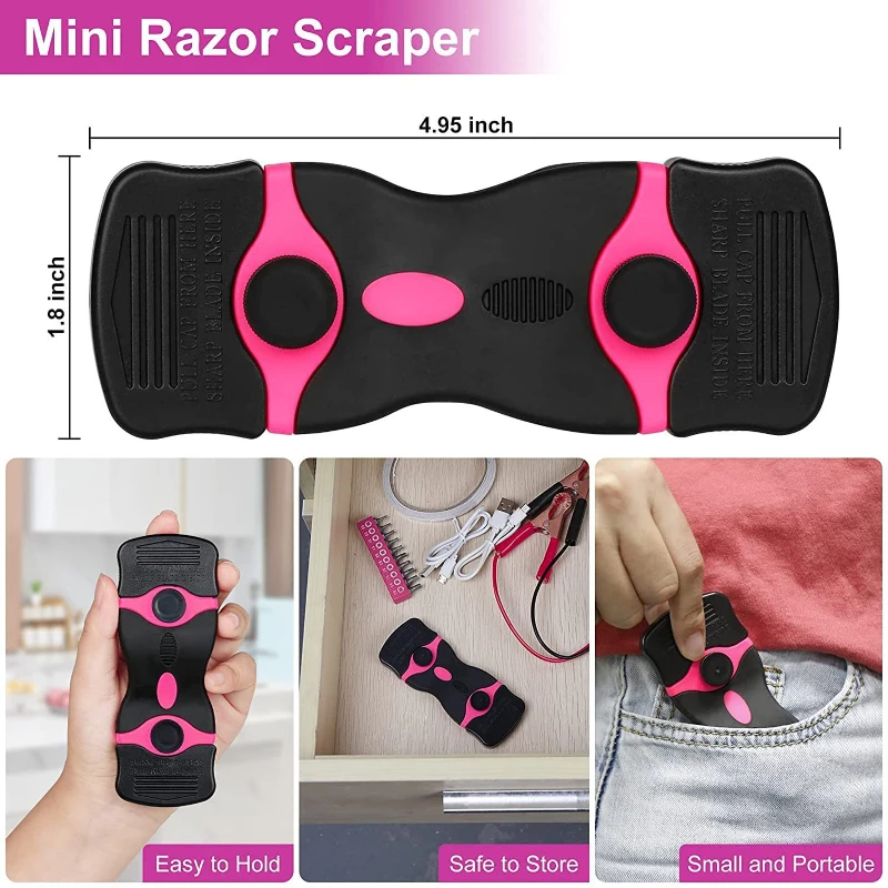 12pcs Pink Double Sided Scraper Tool With Spare Blade Wall Door Window Label Sticker Glue Residue Cleaning