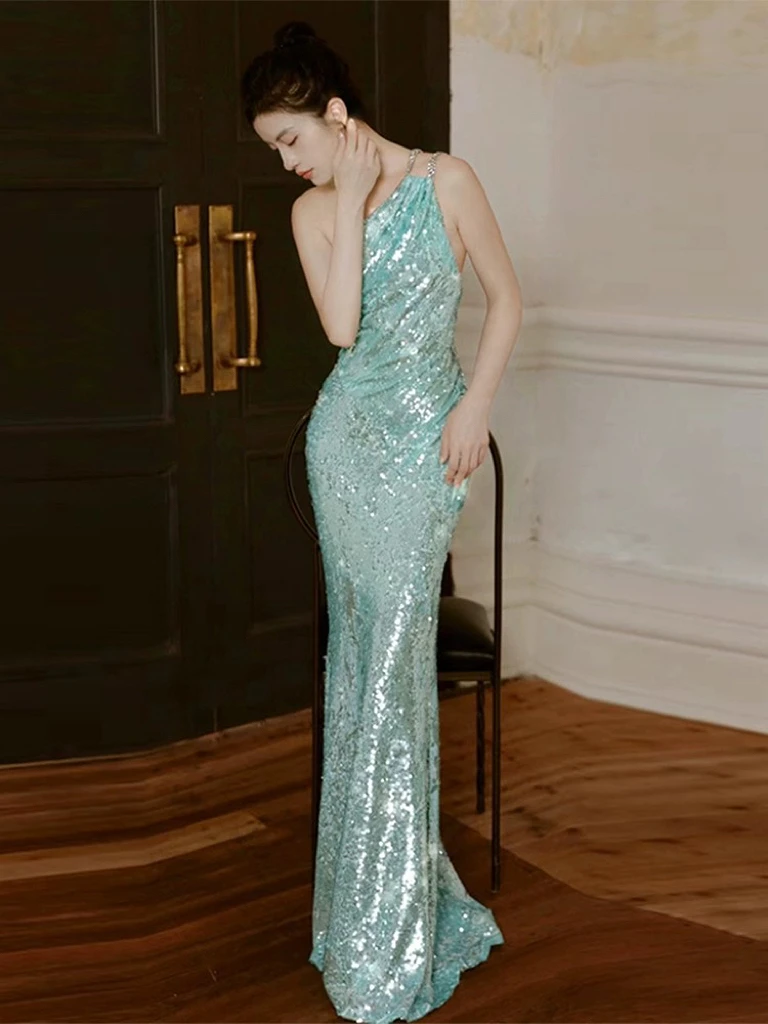 

One Shoulder Celebrity Dresses Shiny Sequins Hollow-out Anniversary Party Mermaid Backless Sleeveless Woman Evening Prom Gowns