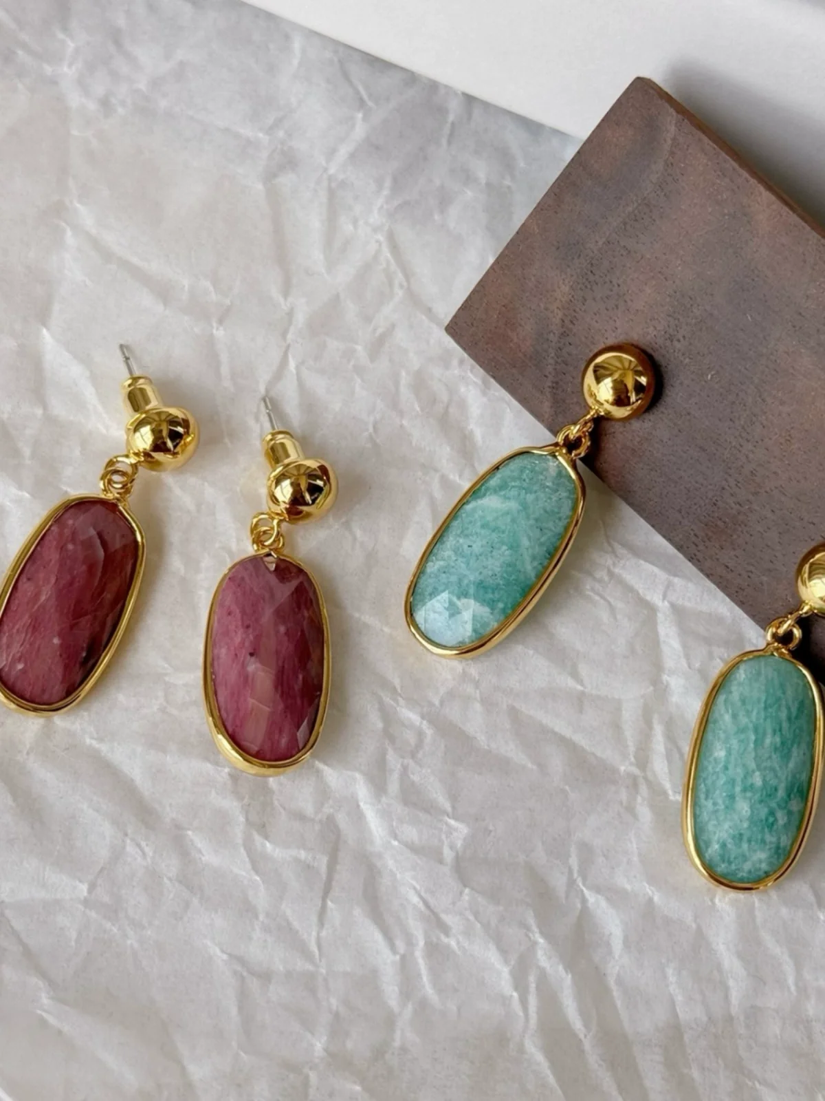 Brass With 18K Natural Amazonston Rose Quartz Earrings Punk Party Gown Runway rare Boucle d'oreille Korean Japan Style Fashion