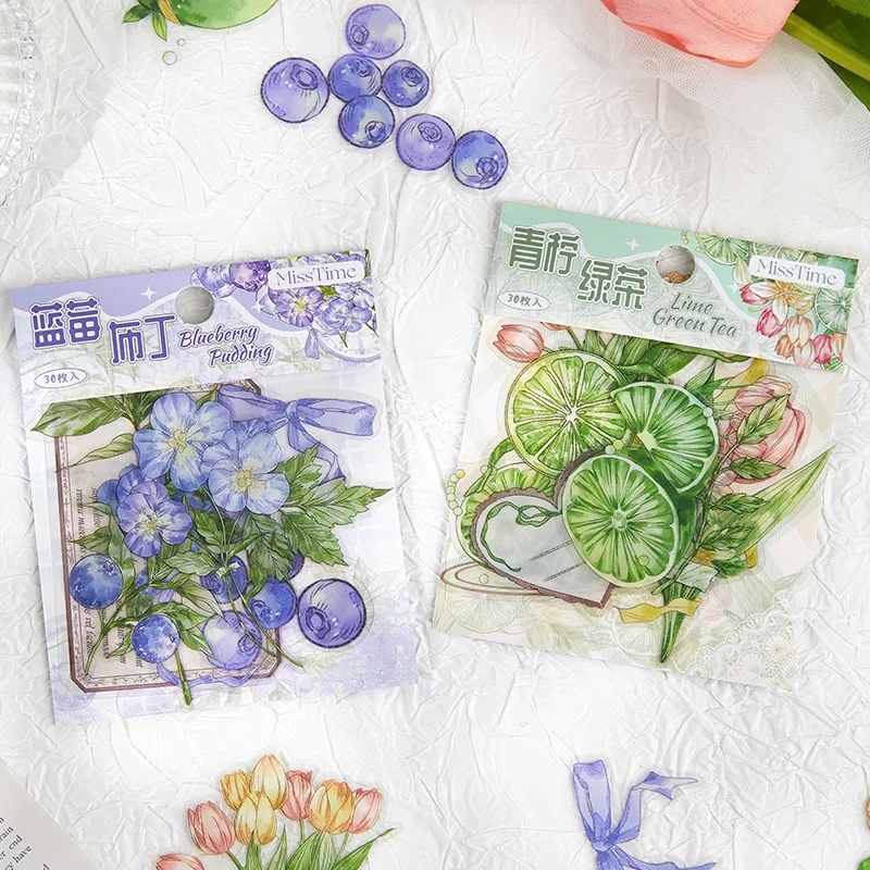30pcs Fruit Tea Party Series Ins Style Lime Blueberry PET Stickers DIY Diary Scrapbook Aesthetics Stationery Stickers