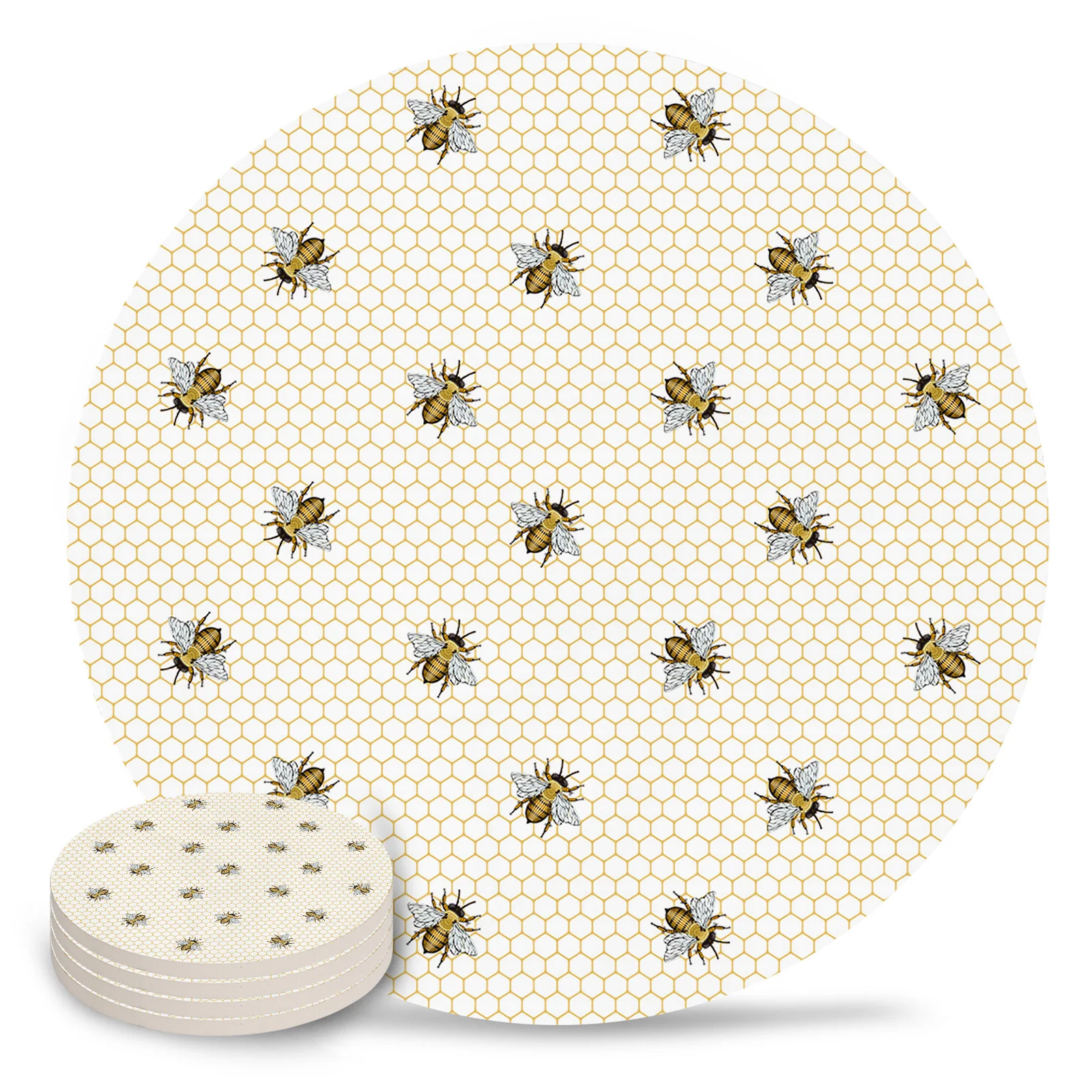 Plaid Bee Insect Geometry Ceramic Coaster Set Kitchen Table Round Placemat Luxury Decor Coffee Tea Cup Coasters