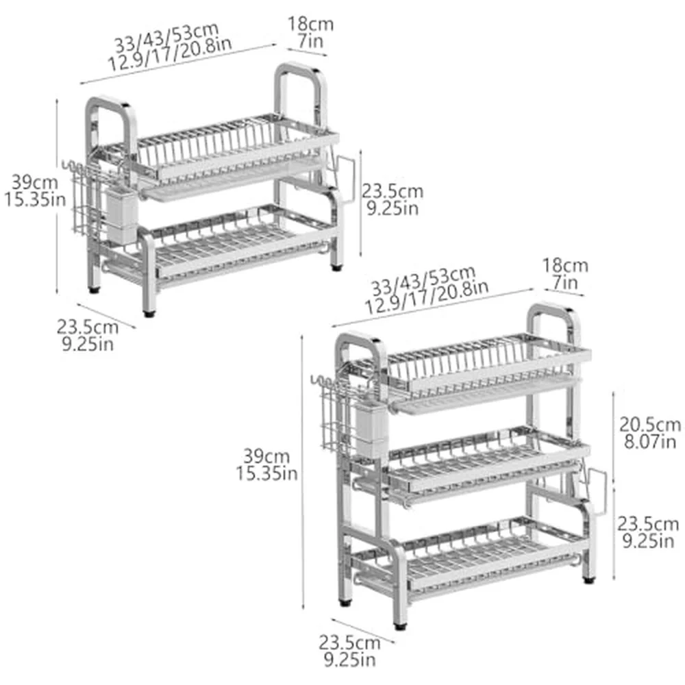 Rust Proof 3 Tier Kitchen Dish Drying Rack Set with Drainboard & Utensil Holder Large 33cm Space Saving Cactus Design