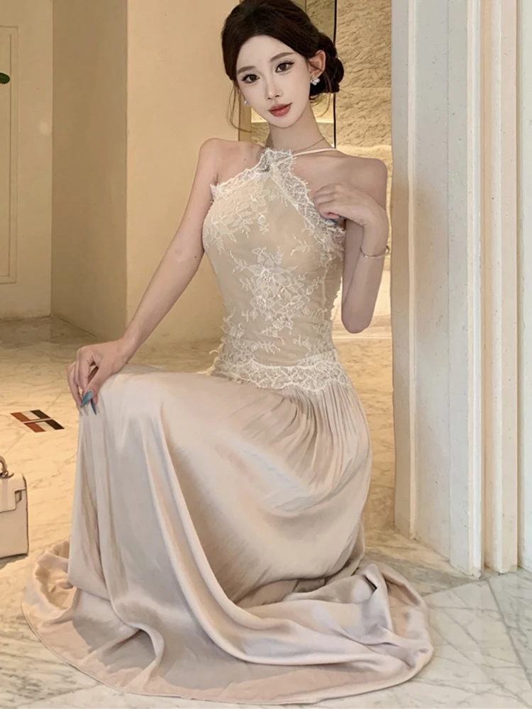 2025 mode Patchwork Spitze Jacquard Neck-montiert Kleid Frauen Elegante Bodycon Sexy Kleid Frühling Sommer Koreanische Luxus Nacht Kleid