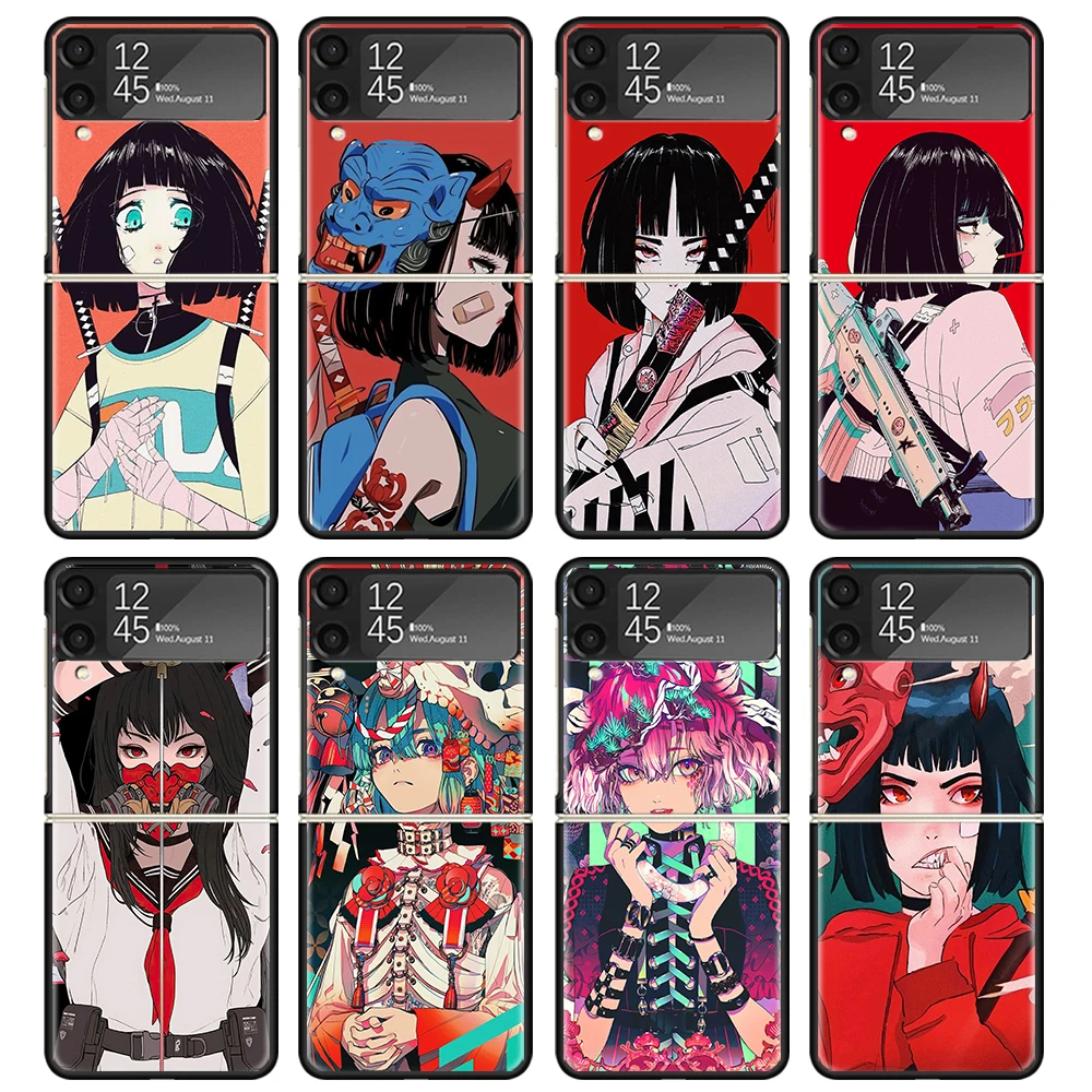 Japanese Style Anime Girl Case For Samsung Galaxy Z Flip 4 5 3 z Flip5 Flip4 5G Hard Phone Cover Flip3 Split Folding Black Plast