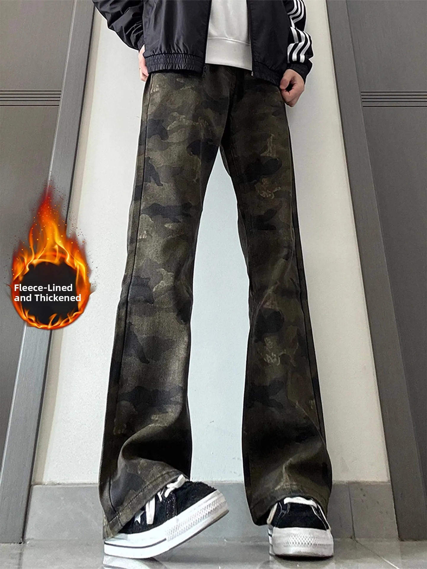 

American High Street Camouflage Jeans Men's Autumn Winter Cleanfit Slim Fit Fce Lined Flared Straight Leg Pants