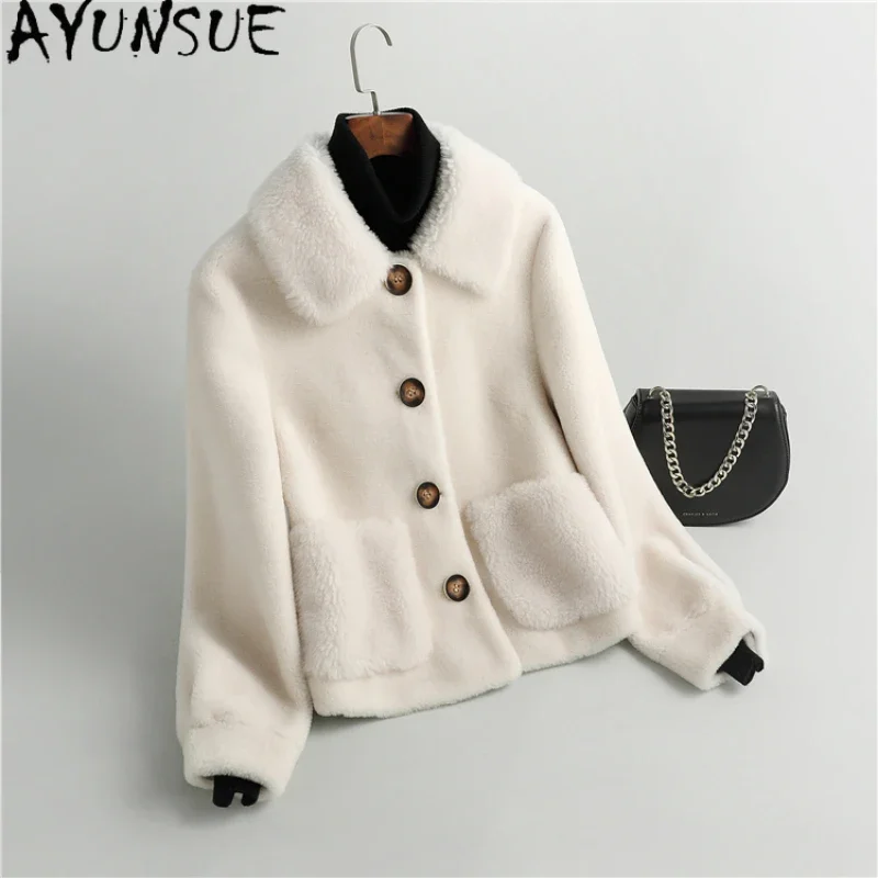 

AYUNSUE Casual 100% Wool Coats for Women 2023 Autumn Winter Elegant Sheep Shearing Jacket Singe-breasted Fur Coat Abrigos Mujer