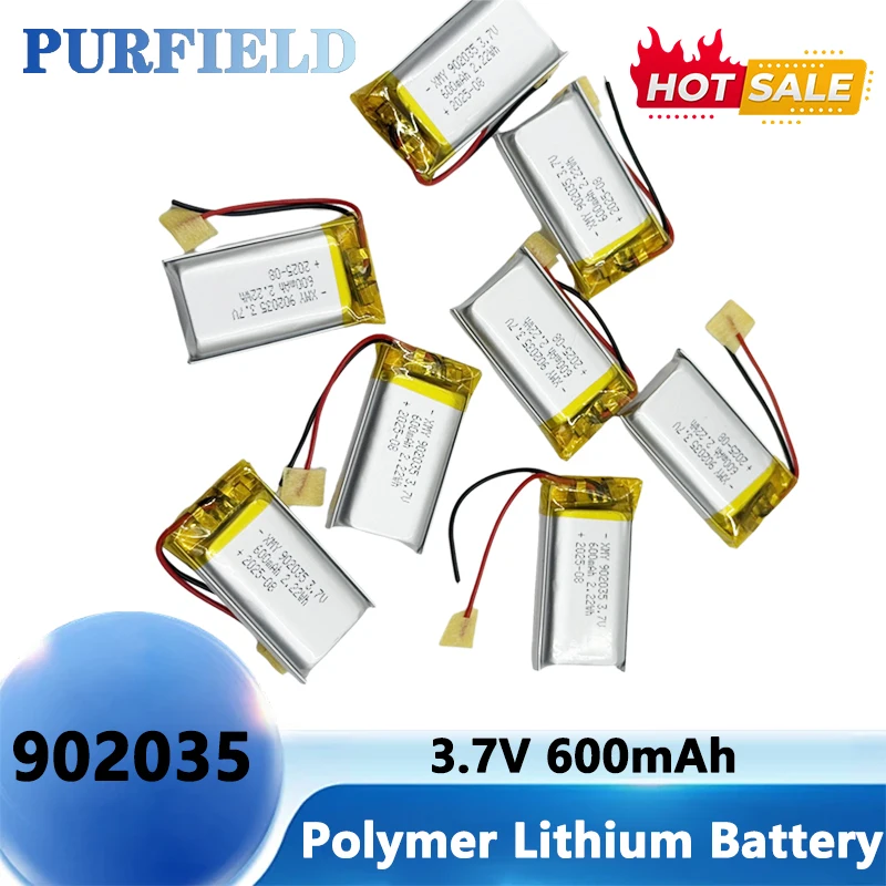 PURFIELD 902035 3.7V 600mAh Lithium Polymer LiPo Rechargeable Battery Replace cells For Mp3 DVD E-book bluetooth headset Camera