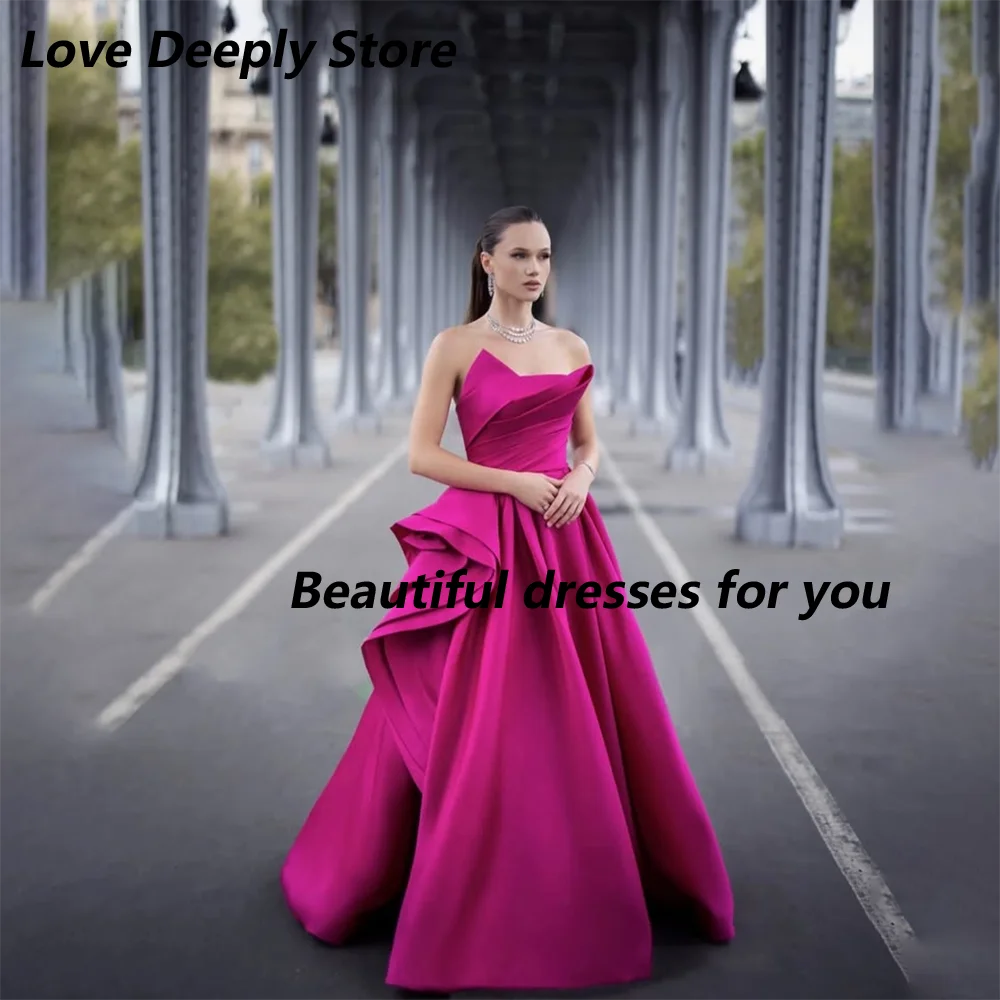 

Elegant Fuchsia Evening Dress Customized Strapless Pleated A Line Satin Floor Length Prom Gown Formal Party Dresses Pageant