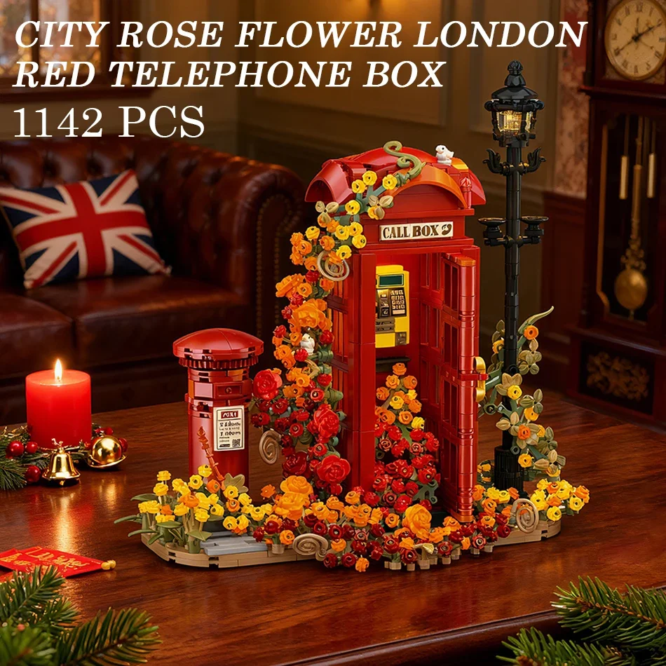 

NEW London Red Telephone Box Street View Building Blocks City Rose Flower Desktop Model Bricks Toys Adult Kids Christmas Gifts