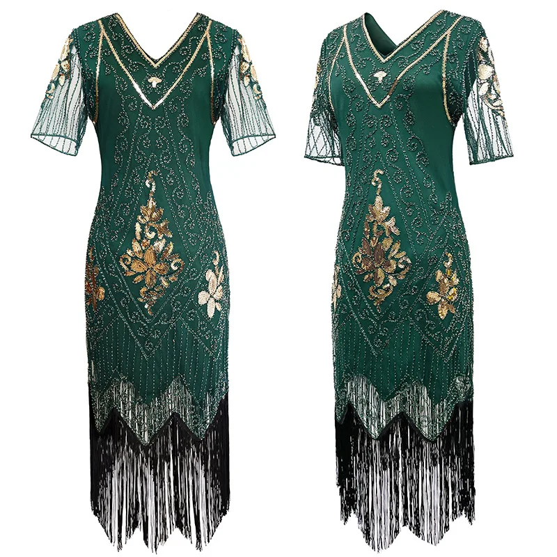 Vintage Sequined Gatsby Ball Fringed  Dinner Party Dress Plus Size Sexy Dress Cosplay Show