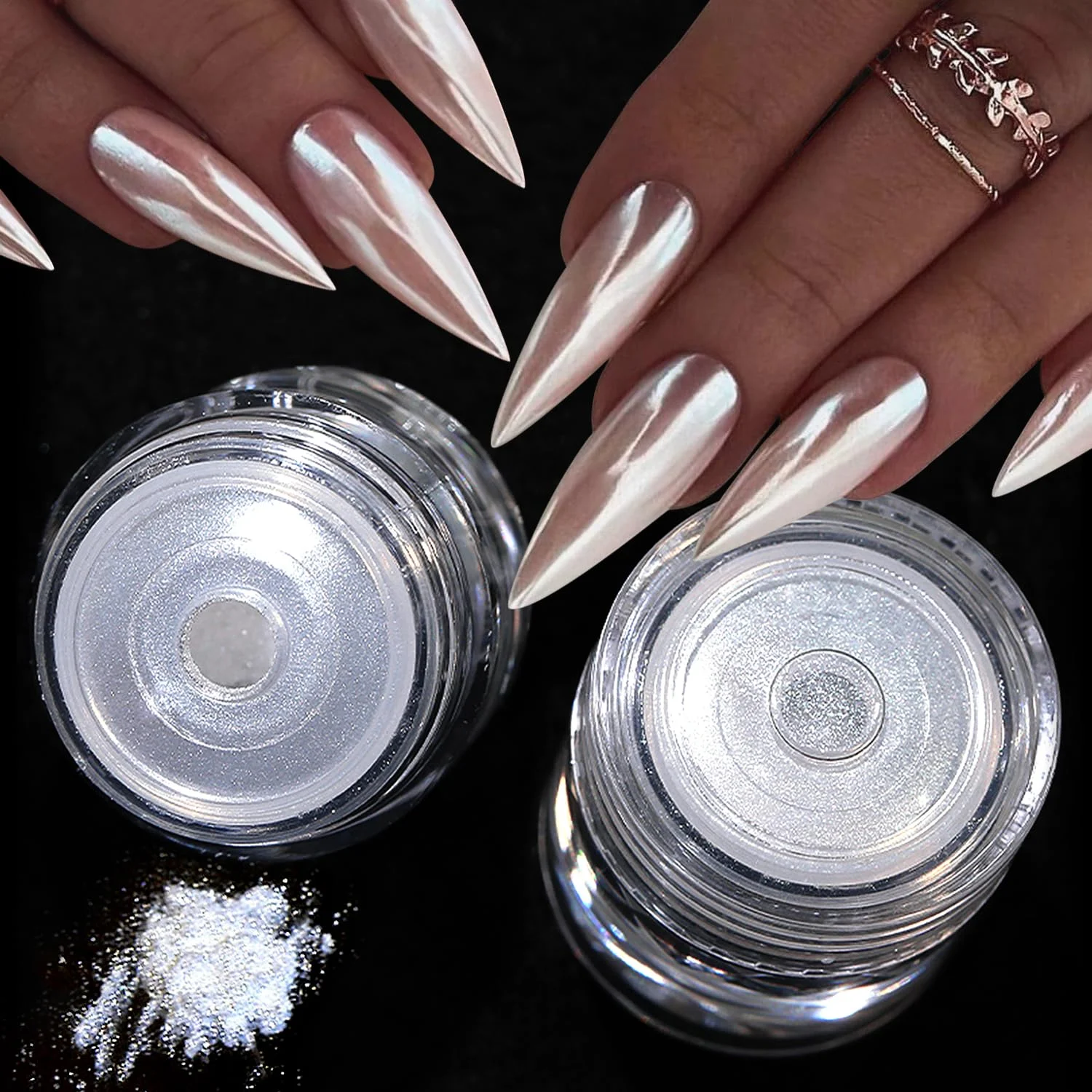 2 Piece Set of Pearl White Glitter Nail Polish Gel with Chrome Pigment and Cotton Swab Applicator