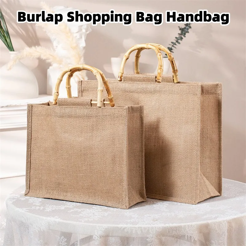 Large Capacity Shopping Bag Jute Shopping Bag Handbag With Bamboo Loop Handles Women Girls Tote Bag Portable Storage Beach Bags