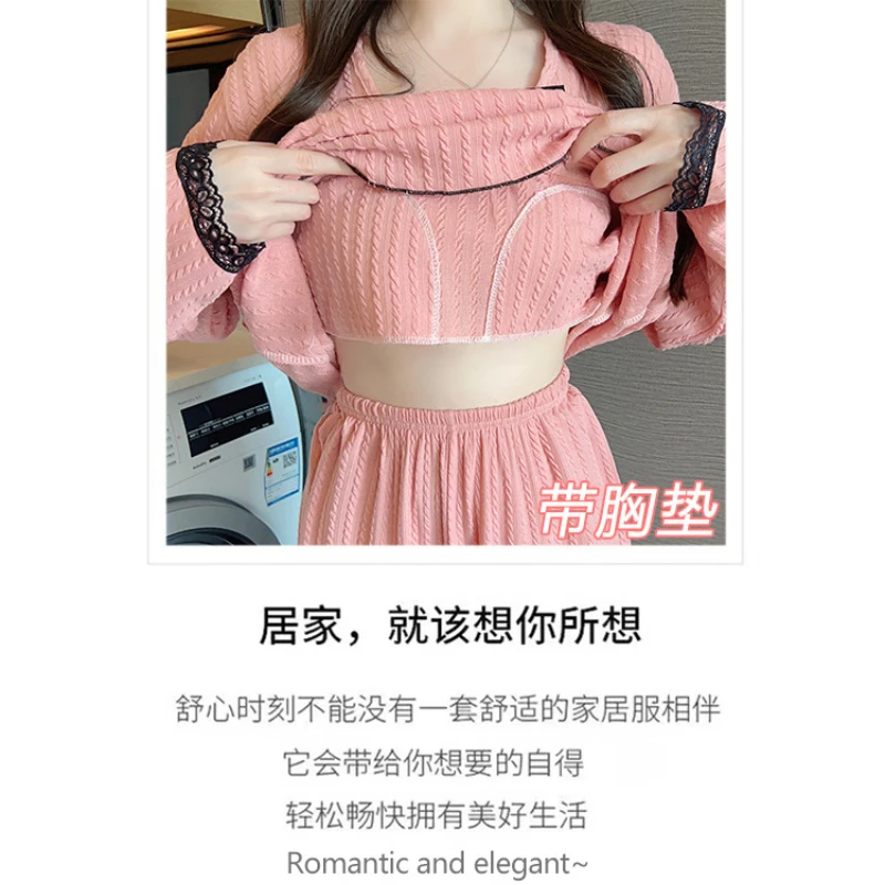 M-5XL PLUS ขนาดฤดูใบไม้ผลิฤดูใบไม้ร่วงชุดนอนชุดสตรีผ้าฝ้ายแขนยาว 2 ชิ้นชุด Elegance Bra ฟรีหลวม Homewear ชุด