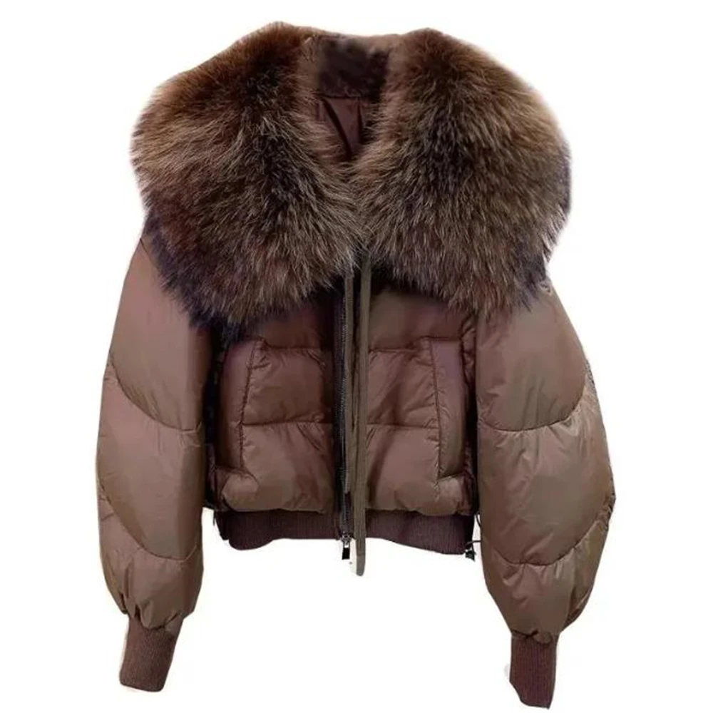 2024 Winter Puffer Jacket Women Thick Warm Short Parkas Real Natural Raccoon Fur Female Loose 90% White Duck Down Coat Warm Top