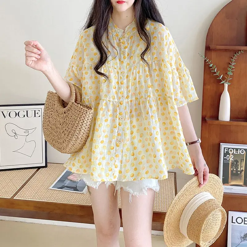 

Fashion Commute Summer New A-line Polka Dot Short Sleeve Blouses Women's Spliced Printed Loose Round Neck Single Breasted Shirts