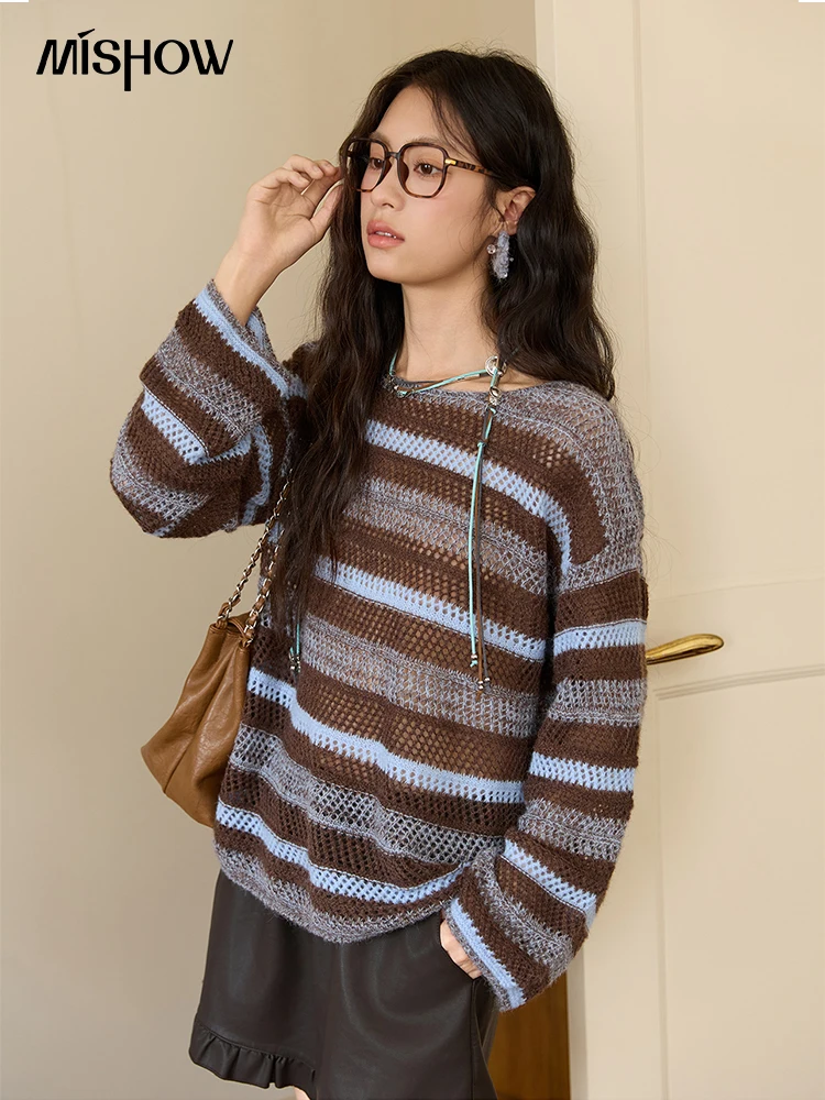 

MISHOW Woman Sweaters 2025 Autumn Blue Coffee Striped Hollow-out Knit Top Casual Loose O-Neck Long Sleeves Sweater MXE46Z2541