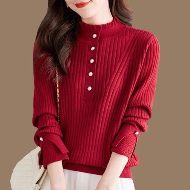 

2024 Spring and Autumn Half High Neck Knitted Pullover Women's New Versatile Loose Sweater