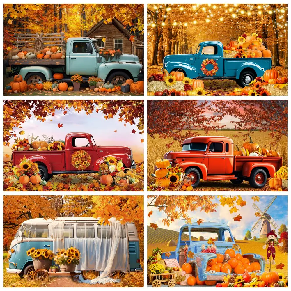 

Autumn Truck Backdrop Harvest Pumpkins Blue Red Pickup Car Maple Leaves Forest Field Baby Kids Birthday Photography Background