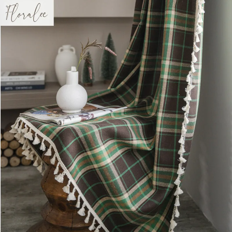 

American Christmas Red Coffee Green Plaid Curtains Without Small Windows Kitchen Curtains Semi-black Bay Window Christmas Day