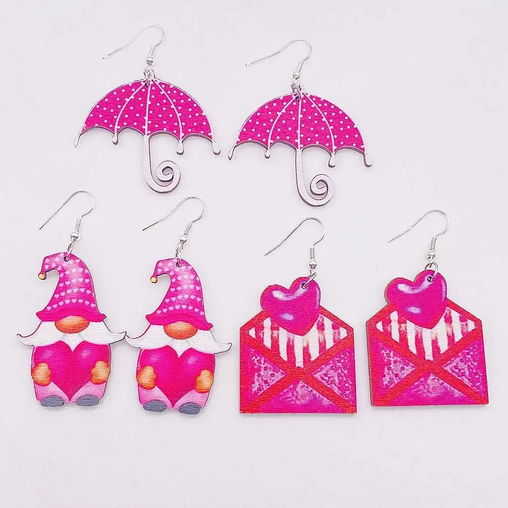 New Valentine's Day Wooden Earrings Pink Envelope Umbrella Dwarf Love  Drop Earrings for Women Jewelry Girl Gift