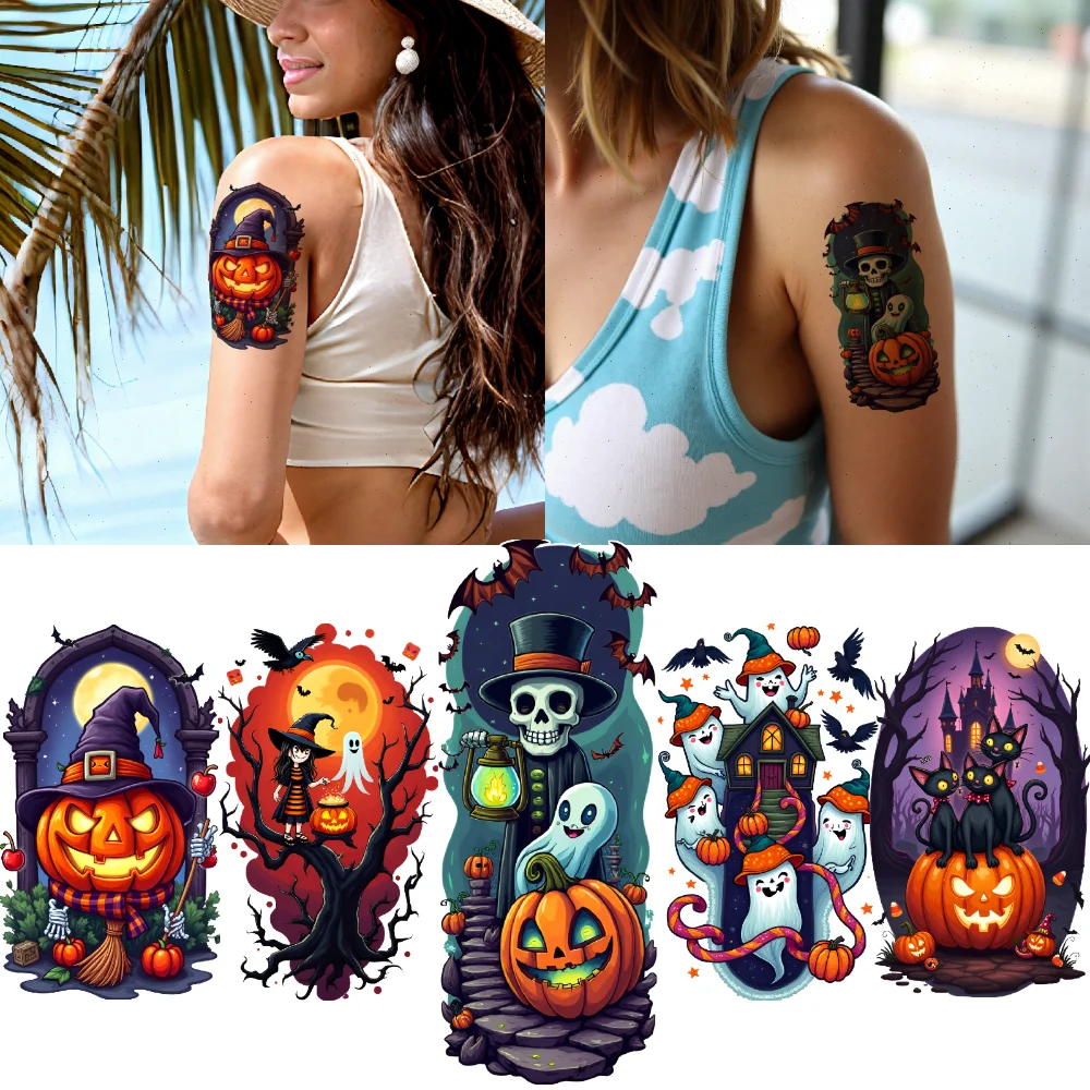 

12pcs Temporary Tattoo Pumpkin Halloween Owl Moon Temporary Tattoo Stickers Haunted House For Arms Shoulders Men