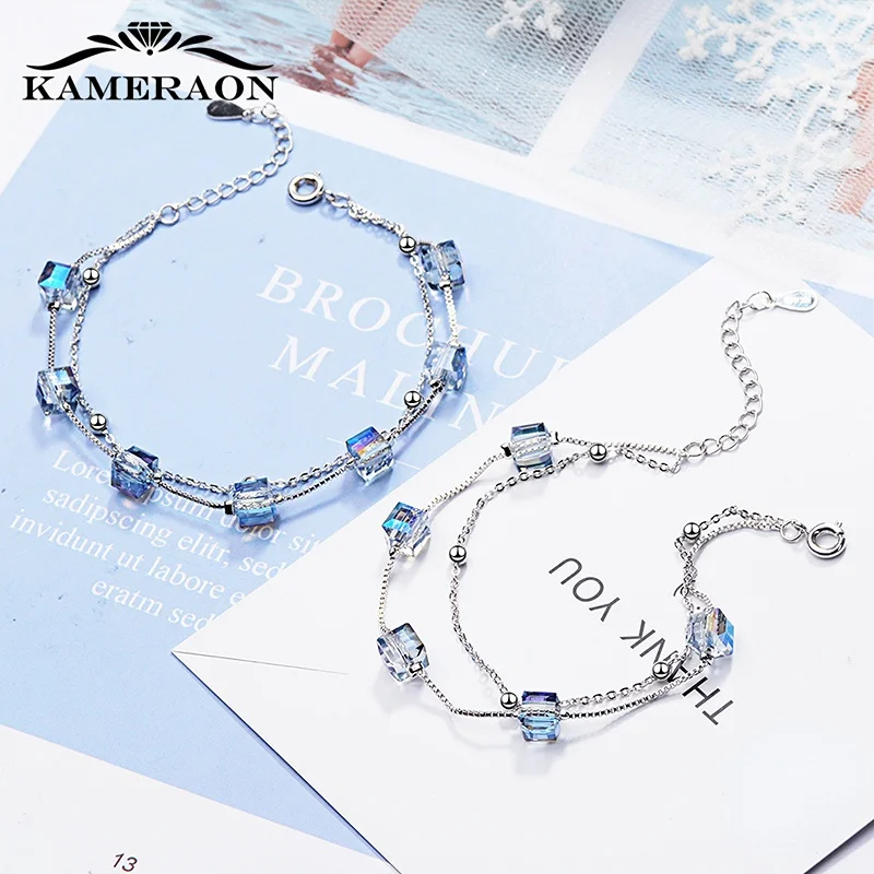 Square Blue Cube Pendant Crystal Bracelet for Lady Trend Korean Style Elegant Women Girls Beauty Lover Summer Gift Jewellery