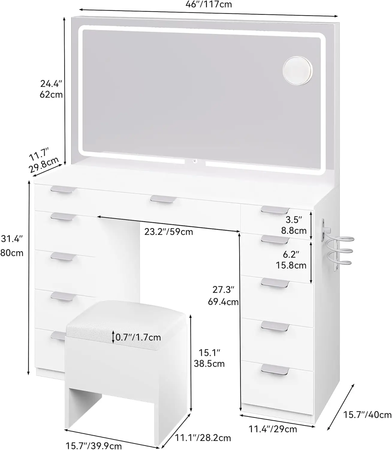   Conjunto de vaidade de maquiagem com espelho iluminado por LED e tomada de energia, mesa de vaidade de cosméticos de 46 '' com 11 gavetas, penteadeira