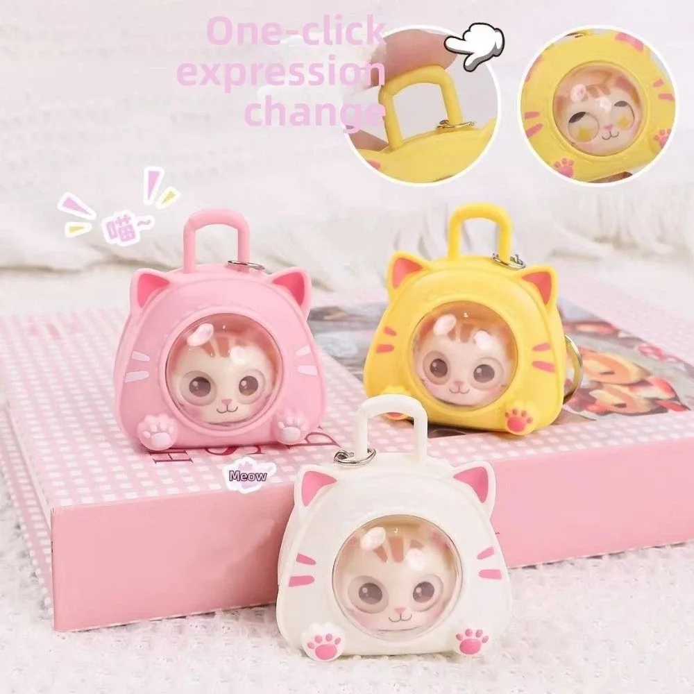 Cartoon Eye Changing Cat Bag Keychain Multi Expression One Click Face Cat Squeeze Sound Charm Clear Window Plastic