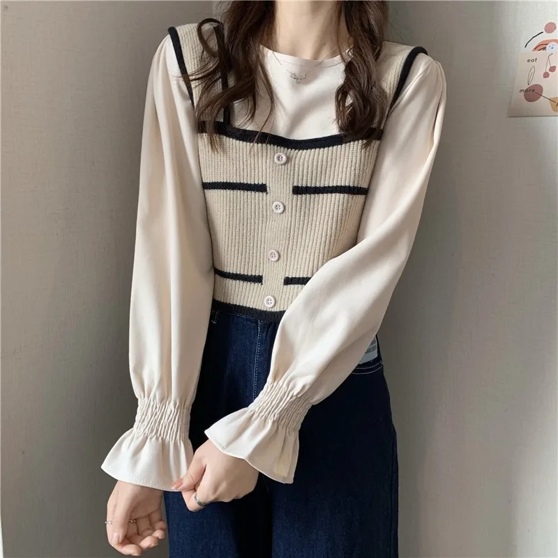 

Women's ort Knitted Vest 2025 Spring Sweet Sle Bubble Sve Inner Wear Top Trendy Korean Version Cheered Pattern