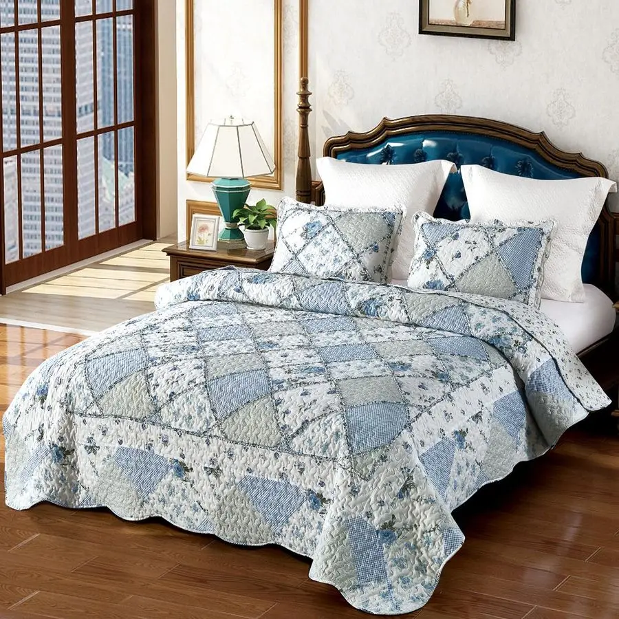 

Blue Floral Patchwork Quilt Set 132x120 Alaska King Size Bedding Set 3Piece Extra Wide Super King Size Rversible Quilted Bedspre