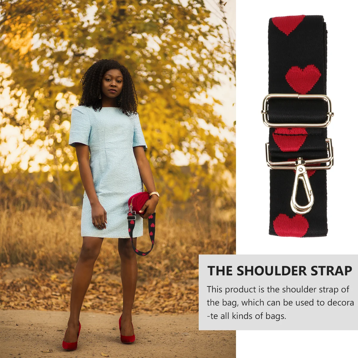 Colorful Heart Shape Printed Wide Shoulder Strap Adjustable Length Crossbody Bag Belt Durable Canvas Buckle Design