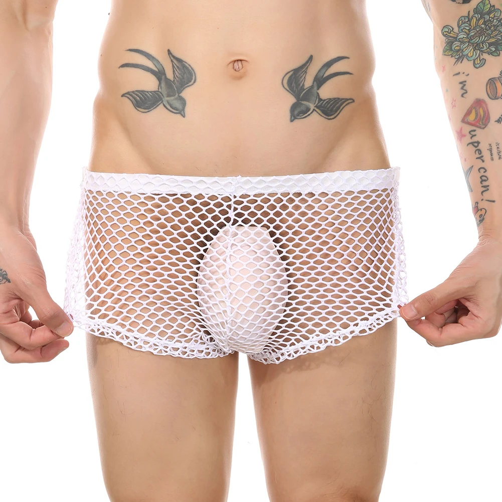 

Men Sexy Hollow Mesh Sexy Lingerie Brazilian Underwear Boxer Shorts Side Buttons Sheer Panties Gay Sissy Trunks Men's Clothing