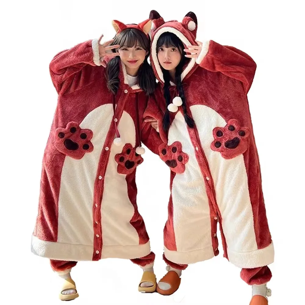 Fox Cosplay Women\'s Onesies Plush Fleece Nightgown For Kigurumi Unicron Girl Winter Warm Casual Hooded Nightdress Homewear Cute