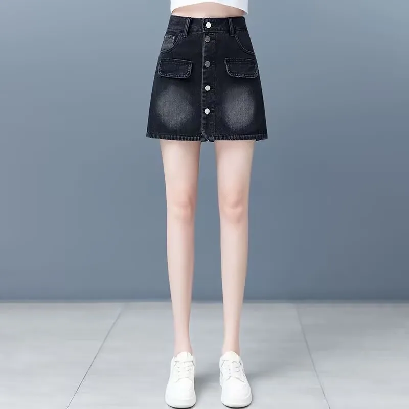 

Женская джинсовая юбка-шорты весна-лето, новинка, дизайнерская модель с высокой талией, на пуговицах спереди, А-силуэт, имитация двух частей, облегающая мини-юбка