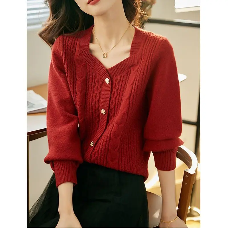 Chinese Style Winter New Vintage Red Sweater Square Collar Soft Sticky Loose Knit Warm Single-breasted Long Sleeve Pullover Tops