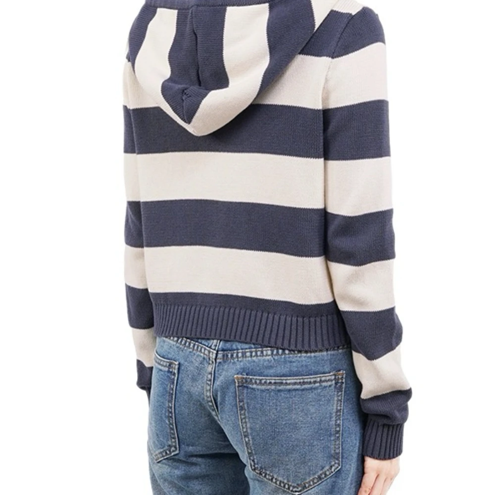 BM With Striped Hooded Knit Cardigan Navy Blue And White Striped Burst Hoodie Coat Women BM Style Short Sweater Knit Cardigan