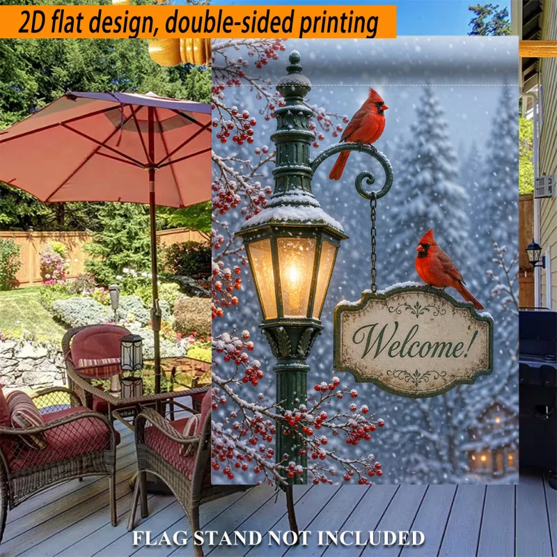 2D Flat Printing, 2D Flat Garden Flag 1 Piece, Winter Snow Scene and Red Bird Lantern Polyester Garden Flag